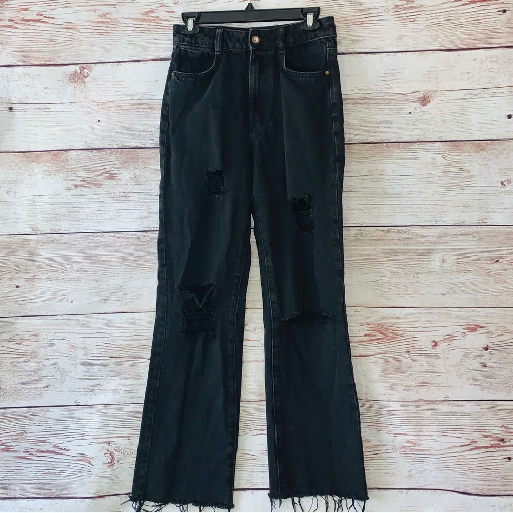 Zara Womens Charcoal Black Mom Distressed High Rise Jeans Frayed Hem Size 4